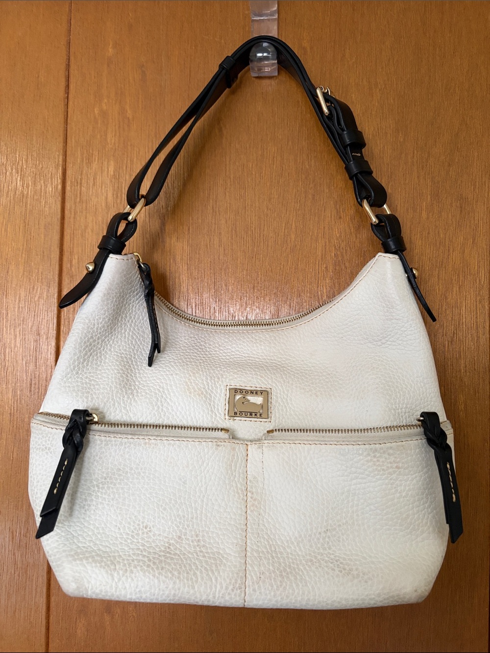 Dooney & Bourke Cream Pebbled Leather Shoulder Bag with Black Trim